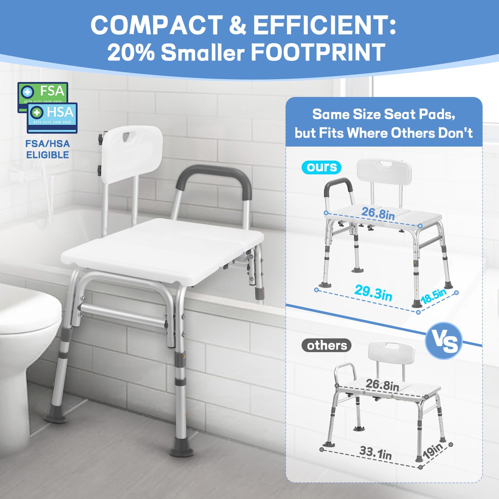 TABEKE Tub Transfer Bench for Bathtub, FSA/HSA Eligible 500lb Compact Shower Chair with Backrest & Padded Armrest, Height Adjustable Shower Bench W.Suction Cups, Shower Seat for Elderly and Disabled
