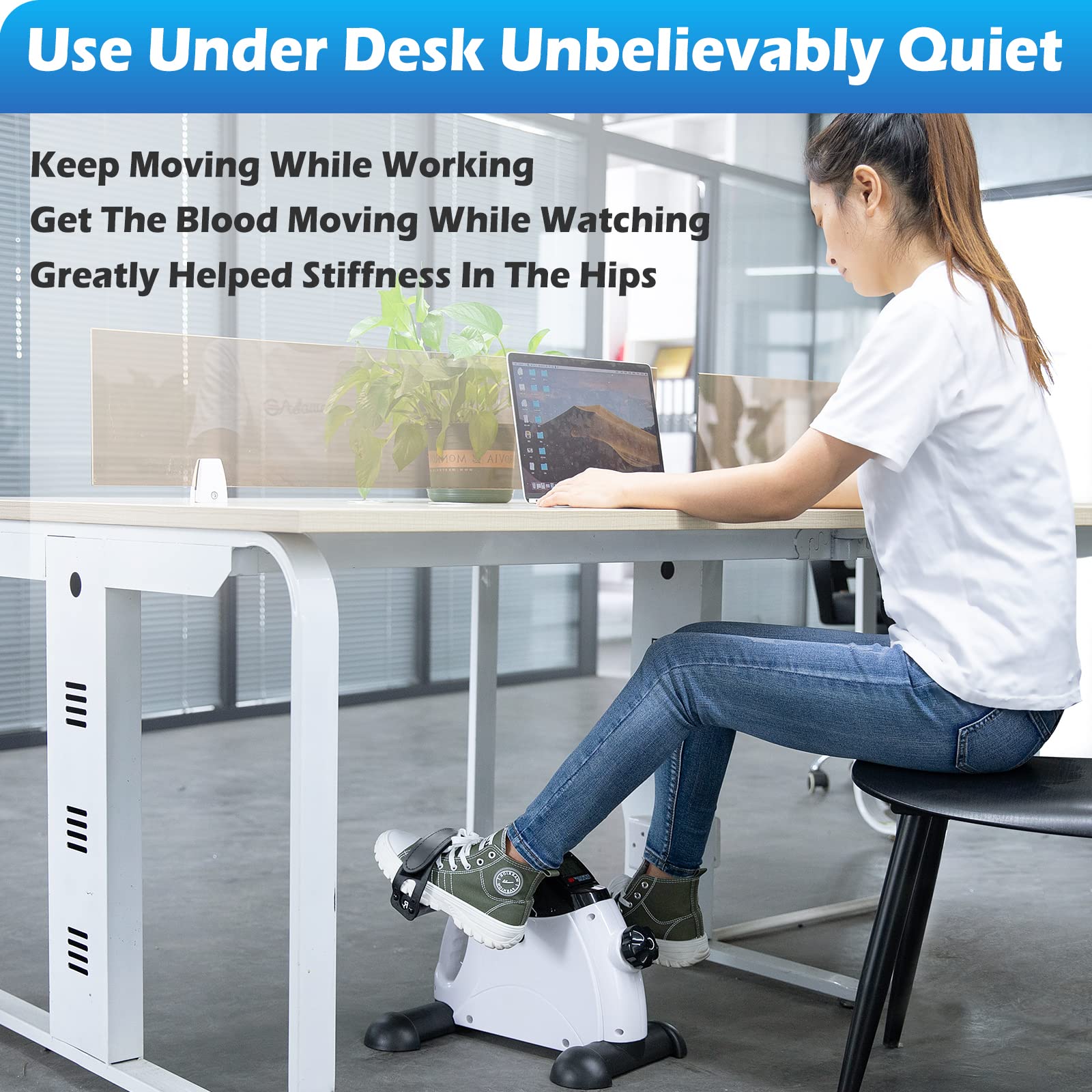 Under Desk Bike Pedal Exerciser – TABEKE Mini Exercise Bike for Arm/Leg Exercise, Pedal Exerciser for Seniors with LCD Display (White)