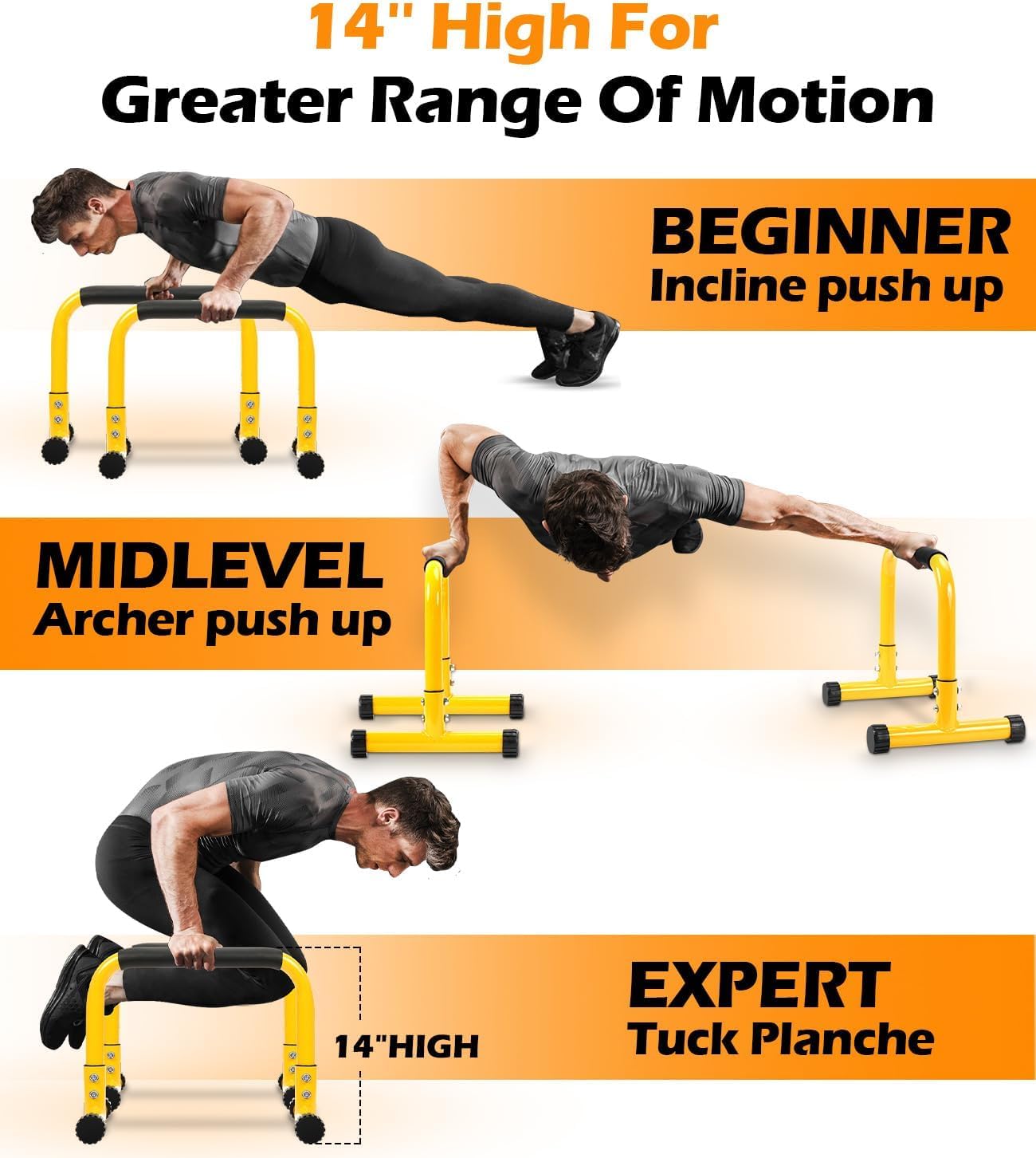 TABEKE Push Up Bar, 14” High Steel Parallettes & Dip Bar with Full Coverage Foam Handle, Heavy-Duty Calisthenics Parallel Bars for L-Sit, Dips, Home Gym Strength Training Workout