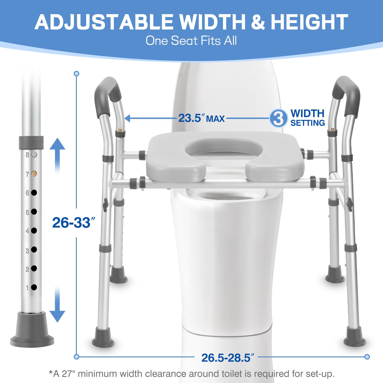 Raised Toilet Seat with Handles, FSA/HSA Eligible Heavy Duty 500lb Toilet Seat Risers for Seniors, Extra Support Bars for Soft Padded Seat, Adjustable Width&Height Toilet Seat Riser for Disabled