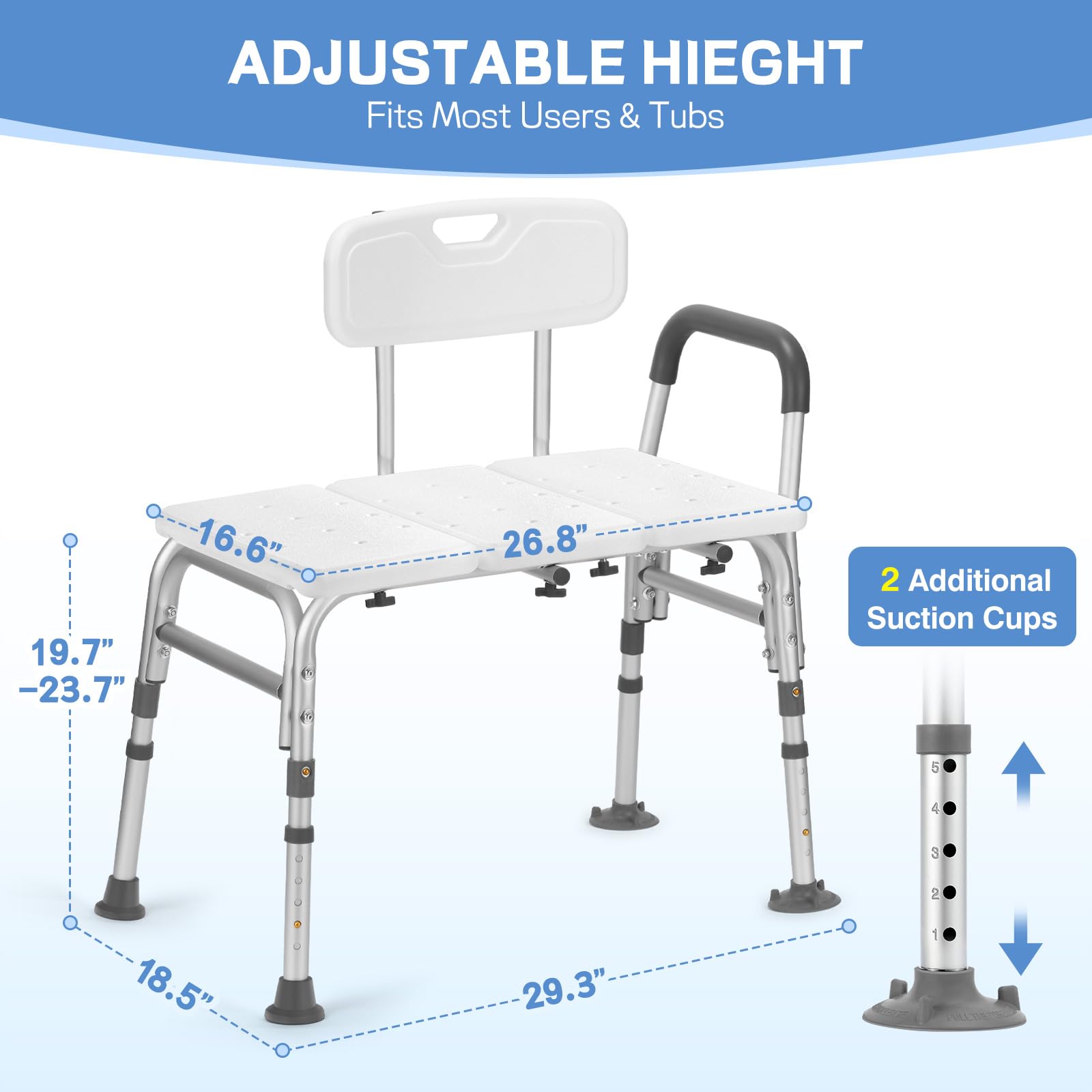 TABEKE Tub Transfer Bench for Bathtub, FSA/HSA Eligible 500lb Compact Shower Chair with Backrest & Padded Armrest, Height Adjustable Shower Bench W.Suction Cups, Shower Seat for Elderly and Disabled