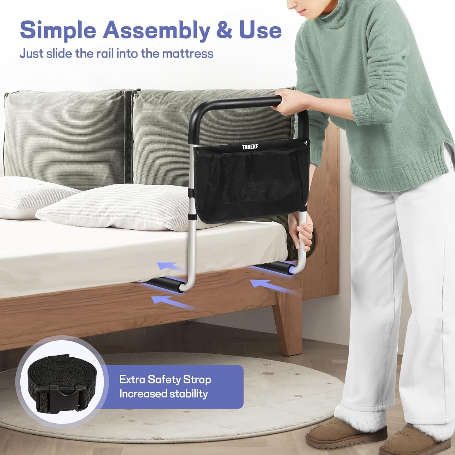 TABEKE Bed Rails for Elderly Adults Safety, Adjustable Senior Bed Assist Rail with Non-Slip Handle and Double Side Storage Pocket Fits King, Queen, Full, Twin Bed