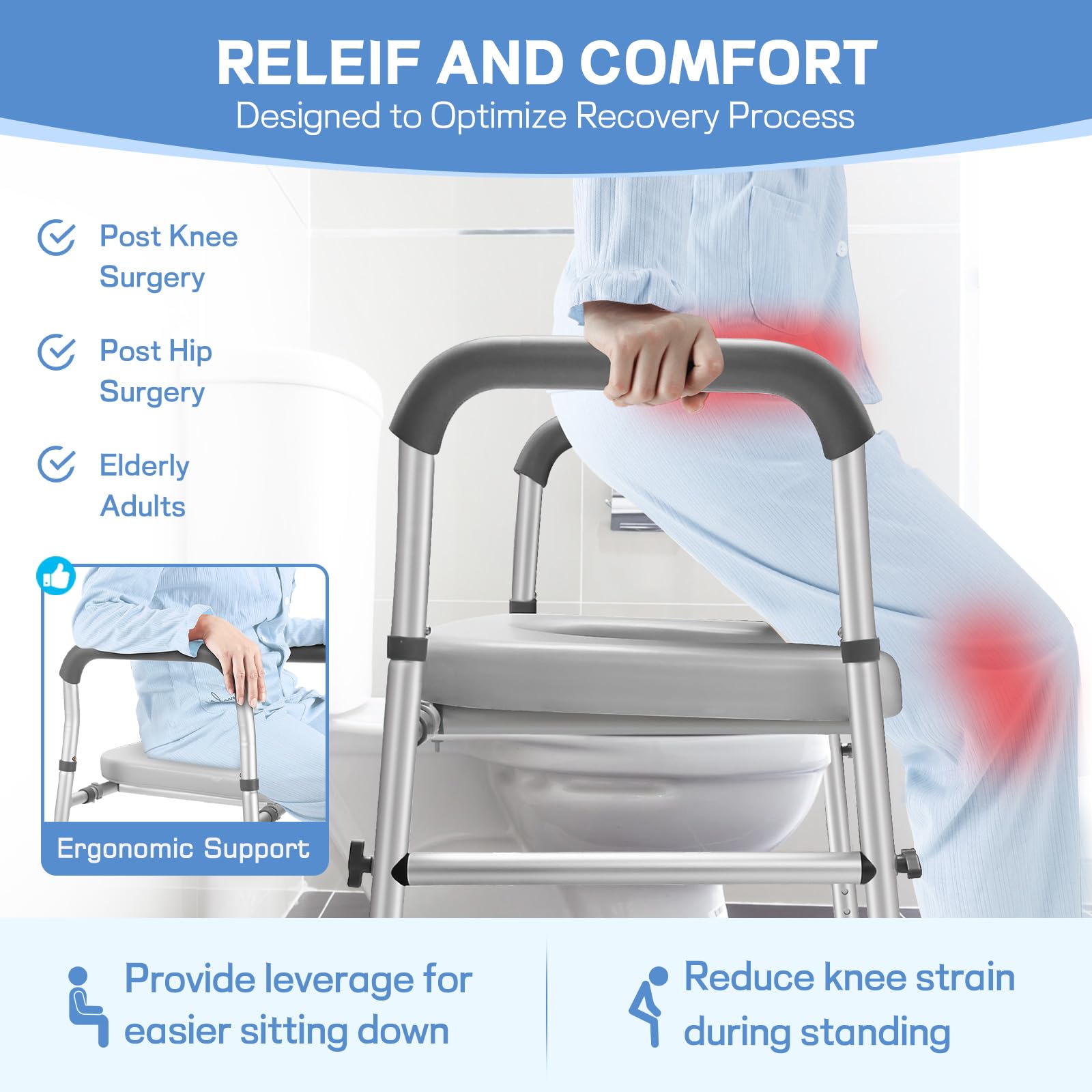 Raised Toilet Seat with Handles, FSA/HSA Eligible Heavy Duty 500lb Toilet Seat Risers for Seniors, Extra Support Bars for Soft Padded Seat, Adjustable Width&Height Toilet Seat Riser for Disabled