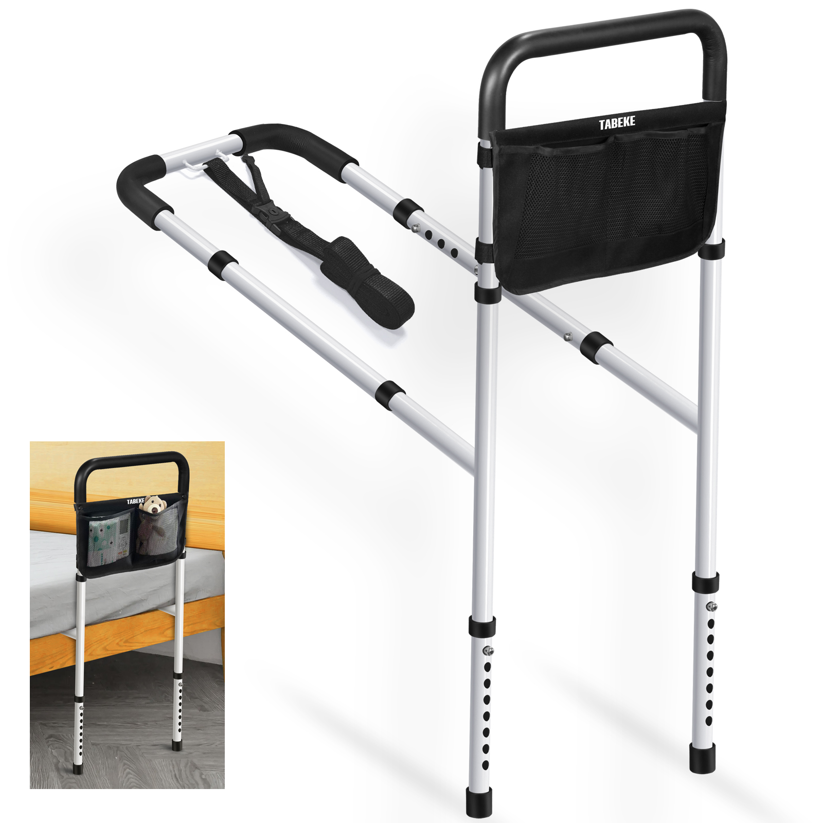 TABEKE Bed Rails for Elderly Adults Safety, Adjustable Senior Bed Assist Rail with Non-Slip Handle and Double Side Storage Pocket Fits King, Queen, Full, Twin Bed