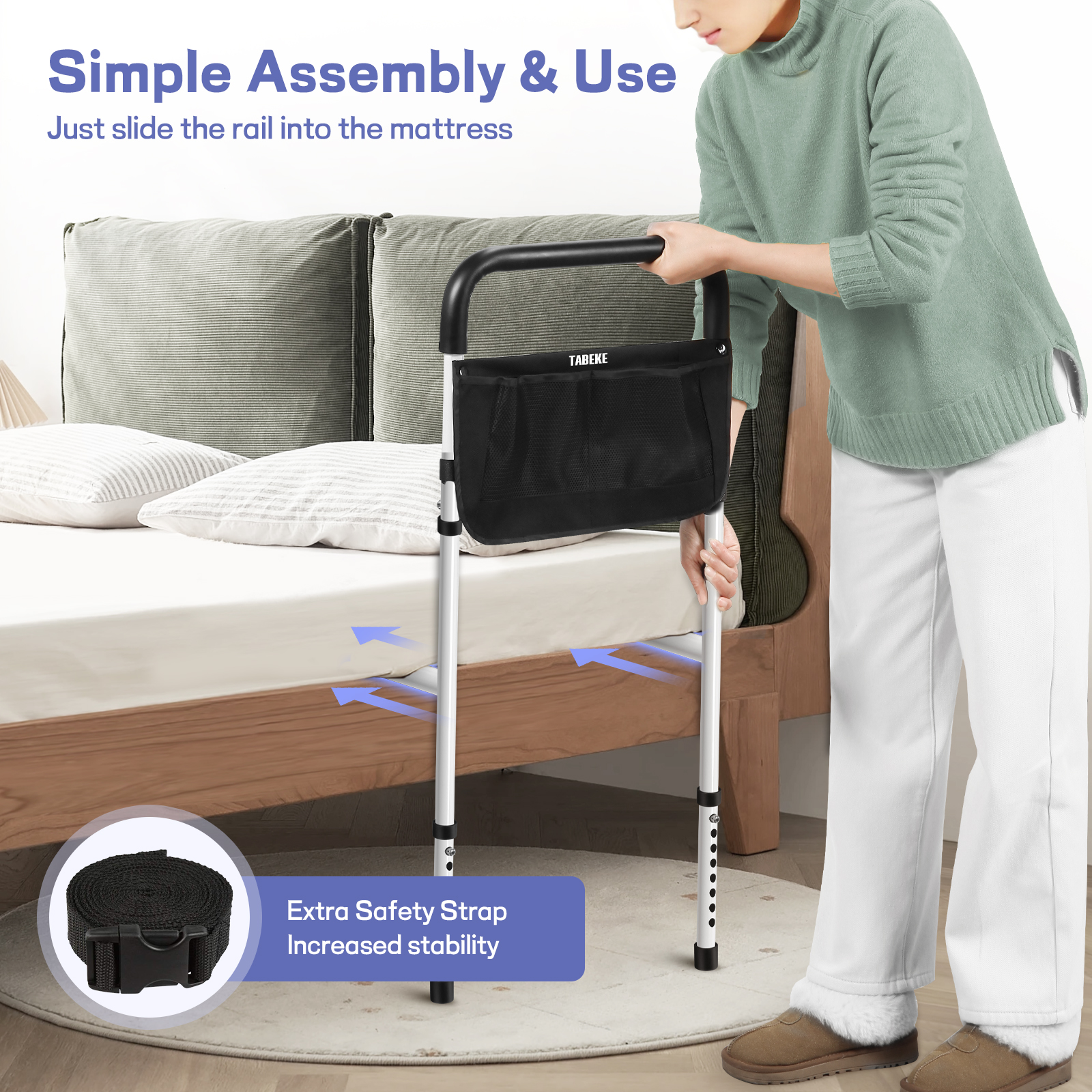 TABEKE Bed Rails for Elderly Adults Safety, Adjustable Senior Bed Assist Rail with Non-Slip Handle and Double Side Storage Pocket Fits King, Queen, Full, Twin Bed